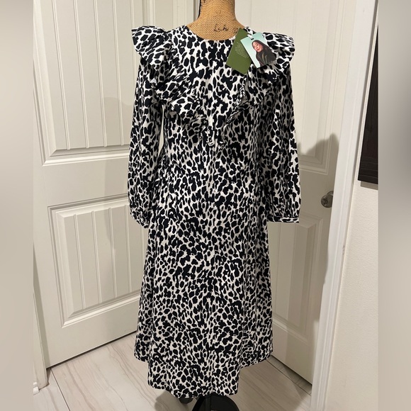 Sandy Liang Leopard Print Long Ruffle Sleeve Midi pocket Dress Size XXS - Picture 4 of 6